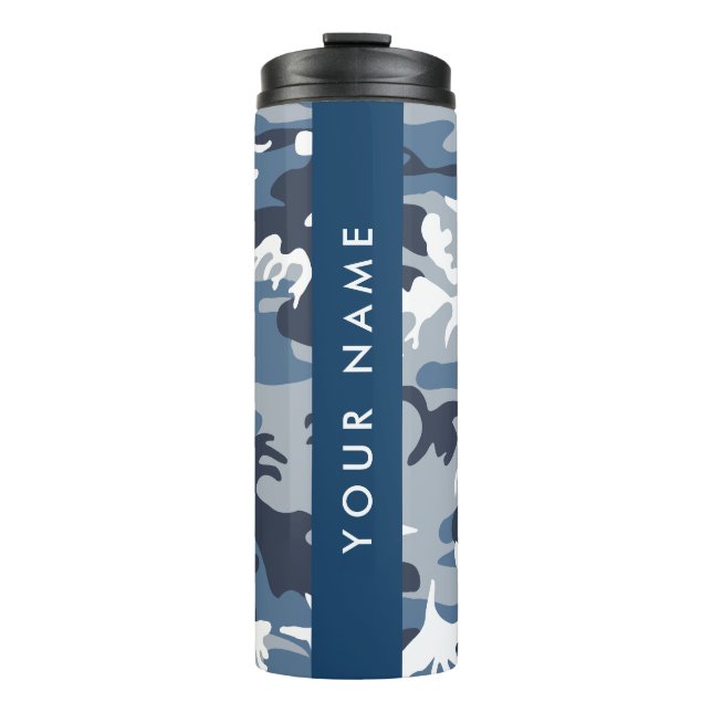 Winter Snow Blue Camouflage Ihr Name Personalisier Thermosbecher (Vorderseite)
