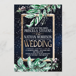 Winter Snow Gold Navy Leaf Wasserfarbe Hochzeit Einladung