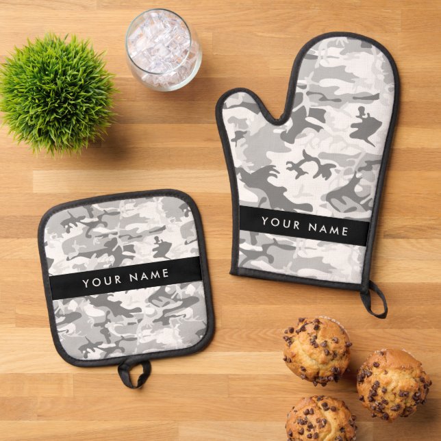 Winter Snow Gray Camouflage Ihr Name personalisier Ofenhandschuh & Topflappen-Set (Oben Unten)