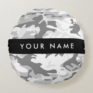 Winter Snow Gray Camouflage Ihr Name personalisier Rundes Kissen