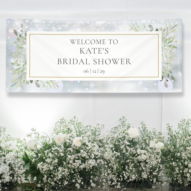 Winter Snow Greenery Brautparty Willkommen Banner (Winter Snow Greenery Bridal Shower Welcome Banner)