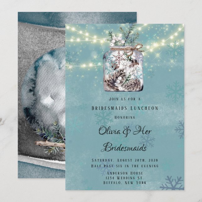 Winter Snow Owl Moon Mason Jar Bridesmaid Luncheon Einladung (Vorne/Hinten)