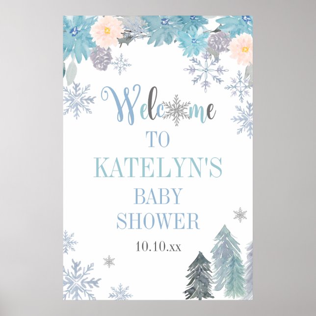 Winter Snowflake Baby Dusche Begrüßungszeichen Bla Poster (Vorne)