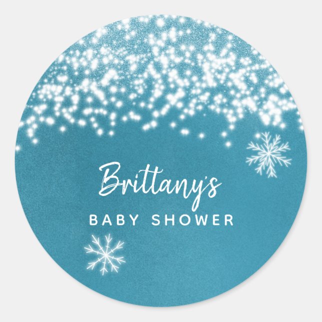Winter Snowflake Baby Dusche Blau Runder Aufkleber (Vorderseite)