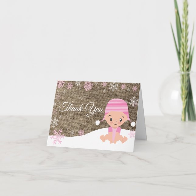 Winter Snowflake Baby Girl Pink Burlap Dankeskarte (Vorderseite)
