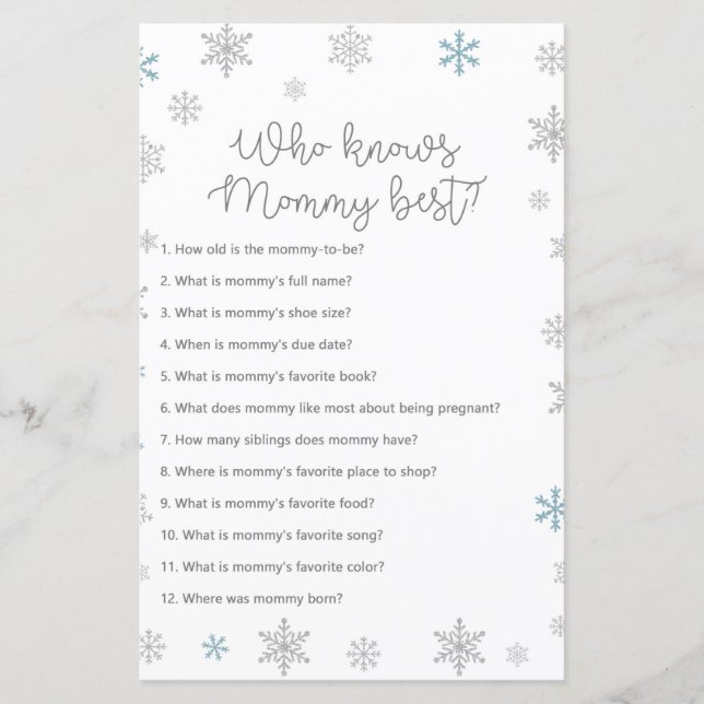 Winter Snowflake Baby Shower Game PRINTIERT (Vorderseite)