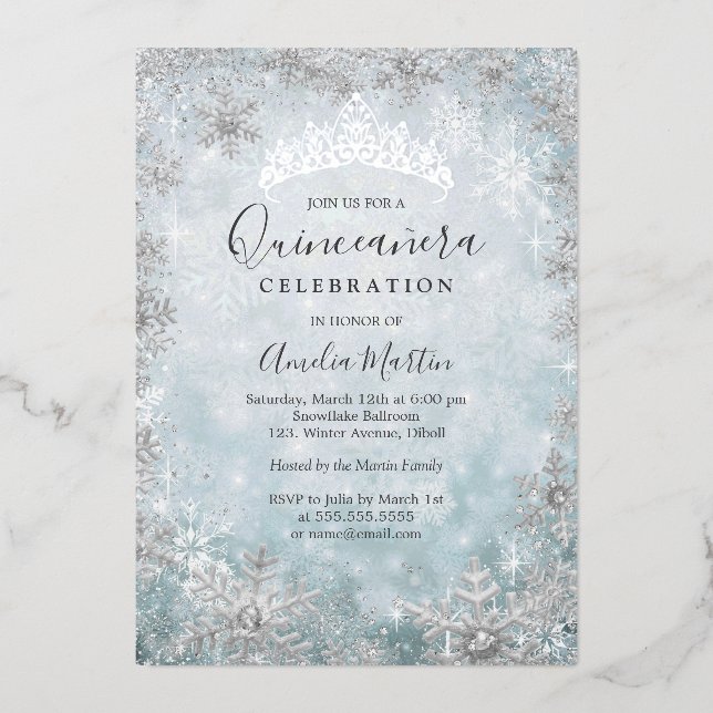 Winter Snowflake Blue Silver Quinceanera Folieneinladung (Vorderseite)