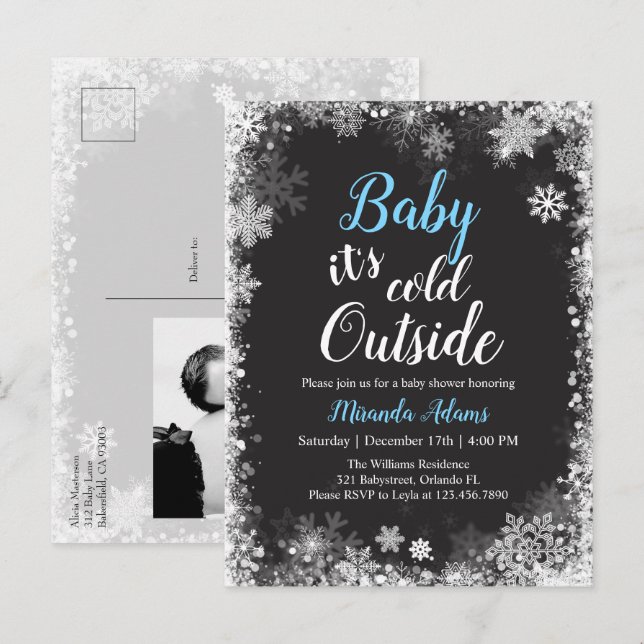 Winter Snowflake Foto Boy Baby Dusche Einladungspostkarte (Vorne/Hinten)