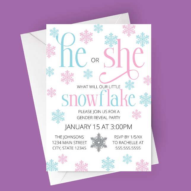 Winter Snowflake Gender Reveal Invitation Einladung (He or She Snowflake Be Winter Gender Reveal Party with Pink and Blue Snowflakes)