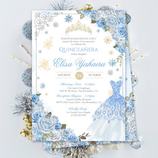 Winter Snowflake Ice Blue Gold Silver Quinceañera Einladung