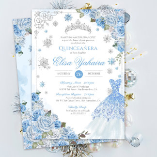 Winter Snowflake Ice Blue Silver Quinceañera Einladung
