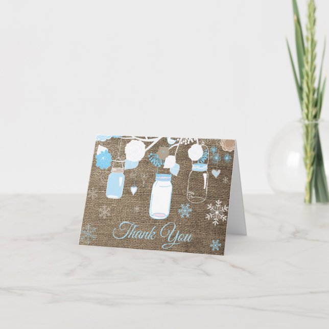 Winter Snowflake Mason Jar Blue Burlap Dankeskarte (Vorderseite)