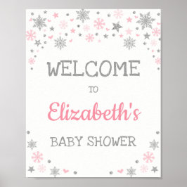 Winter Snowflake Rosa Silver Baby Dusche Willkomme Poster