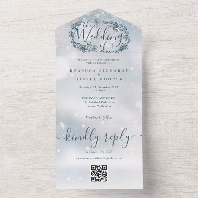 Winter Snowflake Rustikaler QR Code Hochzeit All In One Einladung (Innen Boden)