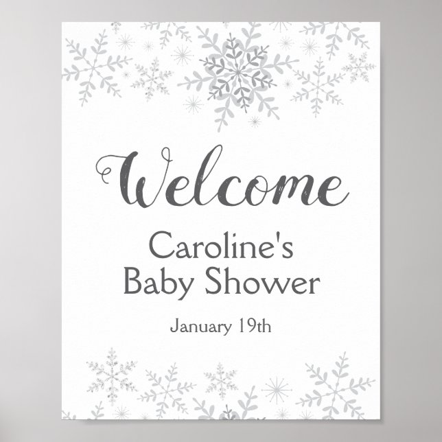 Winter Snowflake Silver Baby Dusche Begrüßungszeic Poster (Vorne)