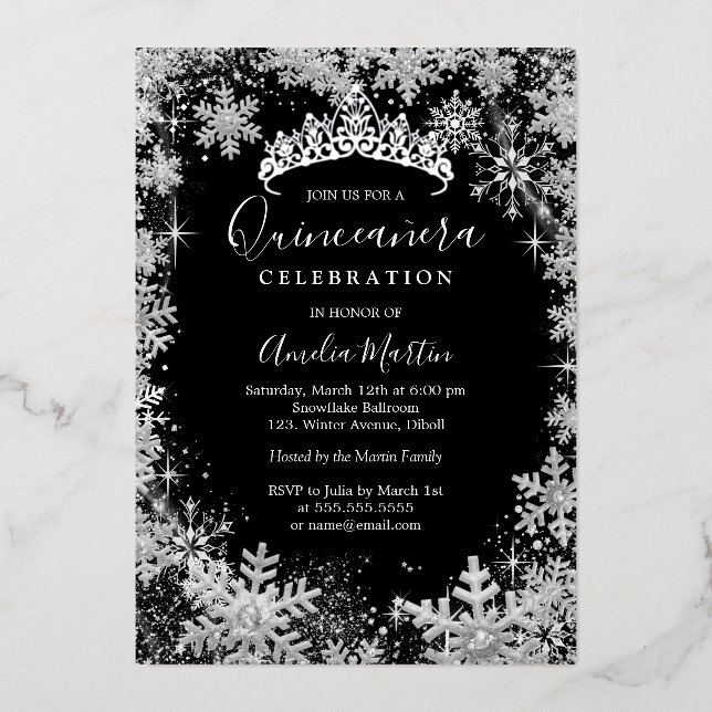 Winter Snowflake Silver Black Quinceanera Folieneinladung (Vorderseite)