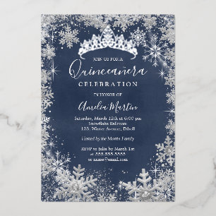 Winter Snowflake Silver Navy Quinceanera Folieneinladung
