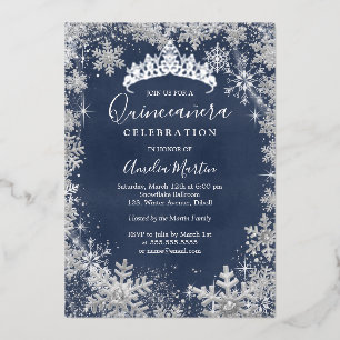 Winter Snowflake Silver Navy Quinceanera Folieneinladung