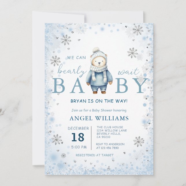  Winter Snowflake We Can Bearly Wait Baby Shower Einladung (Vorderseite)