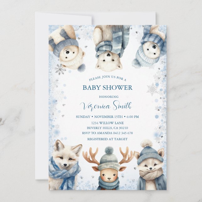 Winter Snowflake Woodland Animals Baby Shower Einladung (Vorderseite)