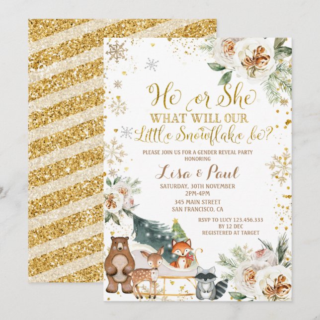 Winter Snowflake Woodland Tiere Gender-Bericht Einladung (Vorne/Hinten)