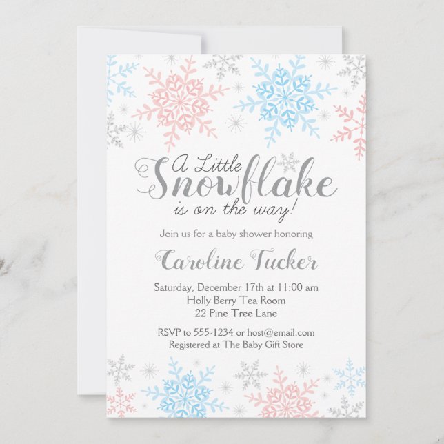 Winter Snowflakes Baby Dusche Pink Blue Silver Einladung (Vorderseite)