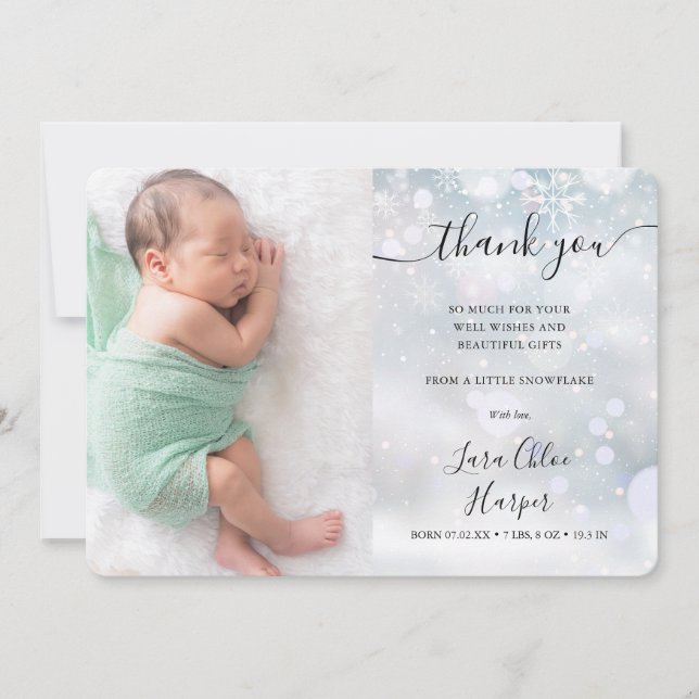 Winter Snowflakes Baby Foto Danke, dass Sie Geburt Ankündigung (Vorderseite)