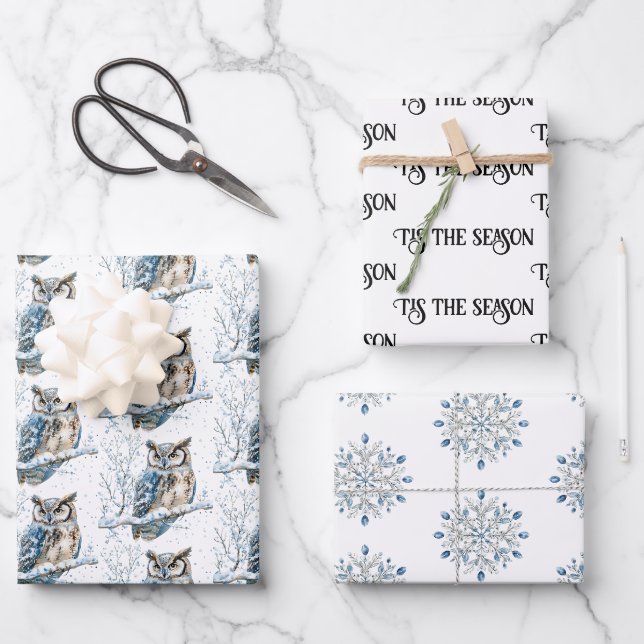 Winter Snowflakes Blue Owl Christmas Snow Geschenkpapier Set (Vorderseite)