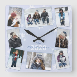 Winter Snowflakes Familie Foto Collage Name Jahr Quadratische Wanduhr