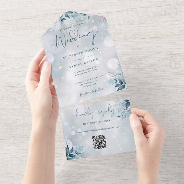 Winter Snowflakes Floral QR Code Hochzeit All In One Einladung (Abreißen)