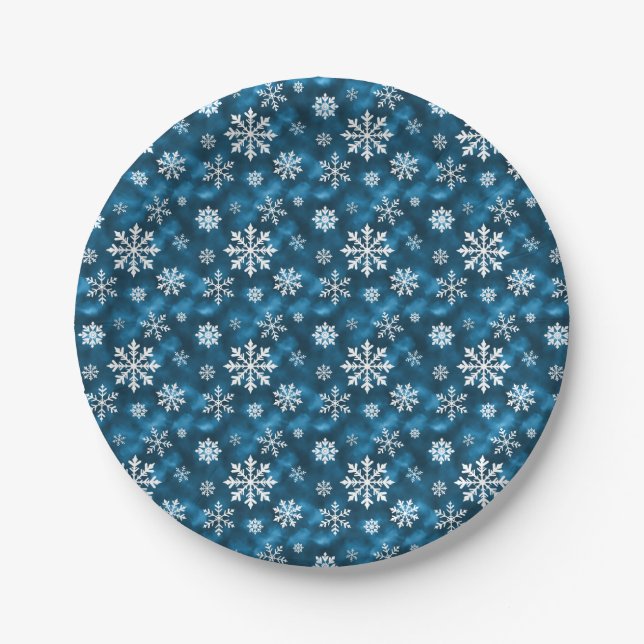 Winter Snowflakes Pattern On Cool Blue Background Pappteller (Vorderseite)