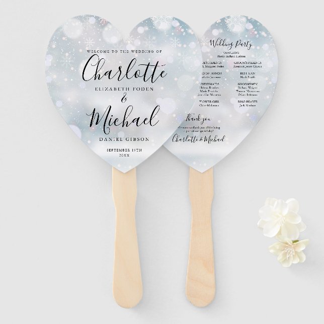 Winter Snowflakes Script Wedding Programm Herz Fächer (Vorne und Hinten)