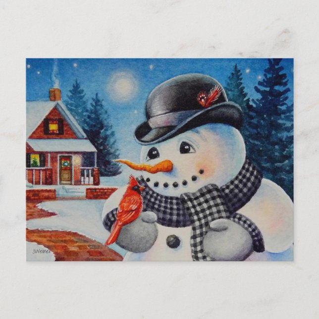 Winter Snowman & Red Kardinal Bird - Farbe der Mee Postkarte (Vorderseite)