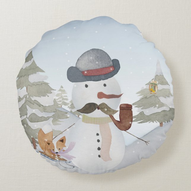 Winter Snowman Tierschneemünder Rundes Kissen (Rückseite)