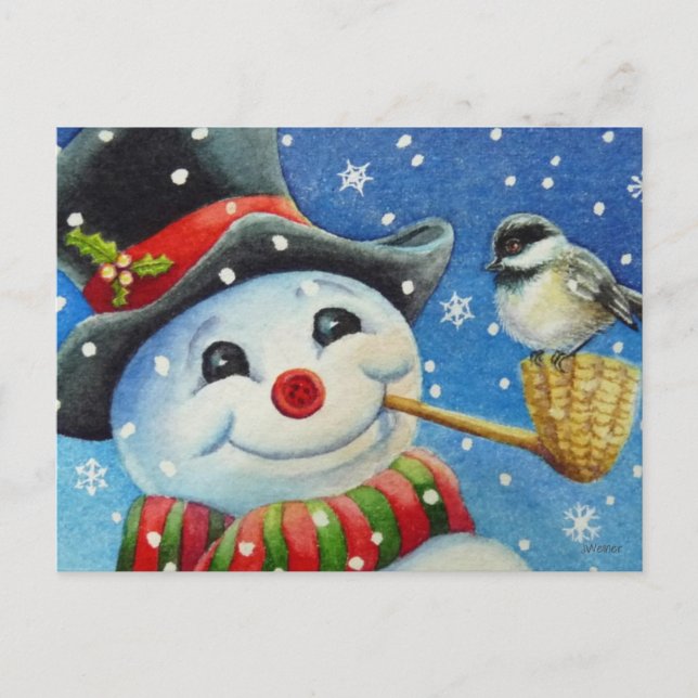 Winter Snowman und Chickadee Bird Wassercolor Art Postkarte (Vorderseite)