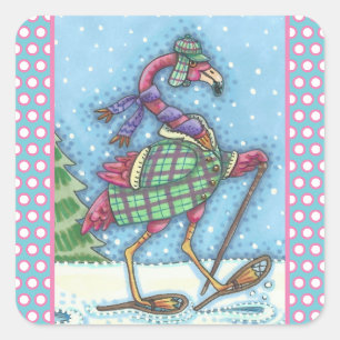 WINTER SNOWSHOUES PINK FLAMINGO STICKERS Sheet Squ