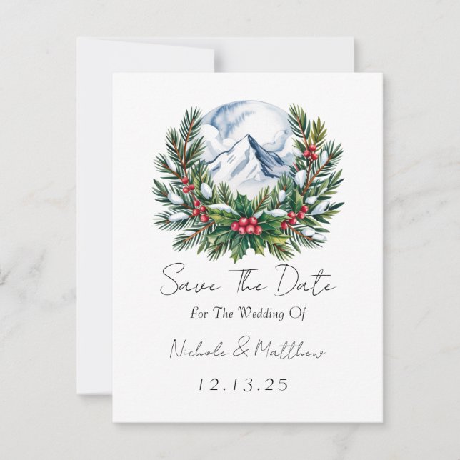Winter Snowy Kiefernkiefer Save the Date Karte (Vorderseite)