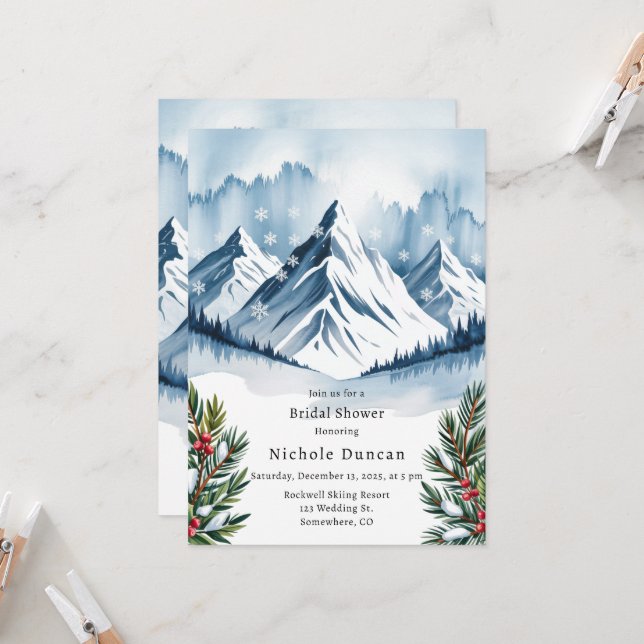 Winter Snowy Pine Wreath Brautparty Einladung (Vorderseite/Rückseite Beispiel)