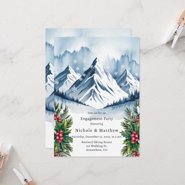 Winter Snowy Pine Wreath Engagement Party Einladung (Vorderseite/Rückseite Beispiel)