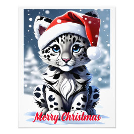 Winter Snowy Santa Niedlich Snow Leopard Cub Weihn Fotodruck