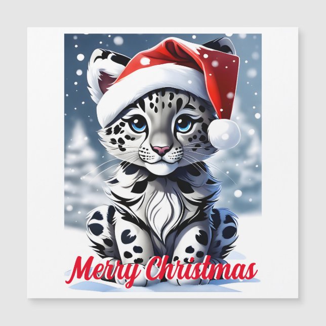 Winter Snowy Santa Niedlich Snow Leopard Cub Weihn Magnetkarte (Vorderseite)