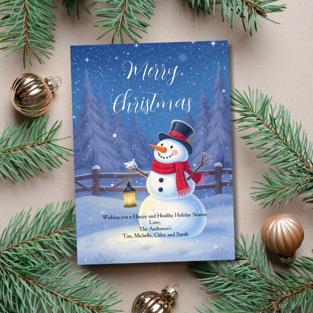 Winter Snowy Snowman Weihnachtskarte (Snowy Winter Scene with Snowman Christmas Holiday Card. Printed or Digital Download)