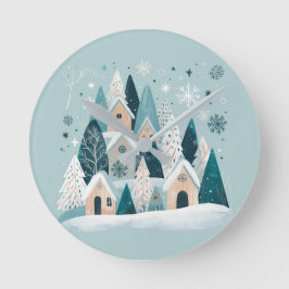 Winter Snowy Village Runde Wanduhr