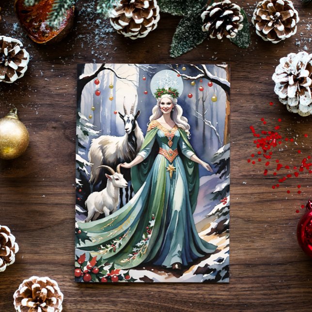 Winter Solstice Goddess Weihnachten Ziegen in Wald (Blessed Yule Winter Goddess and Goats in a Snowy Forest)