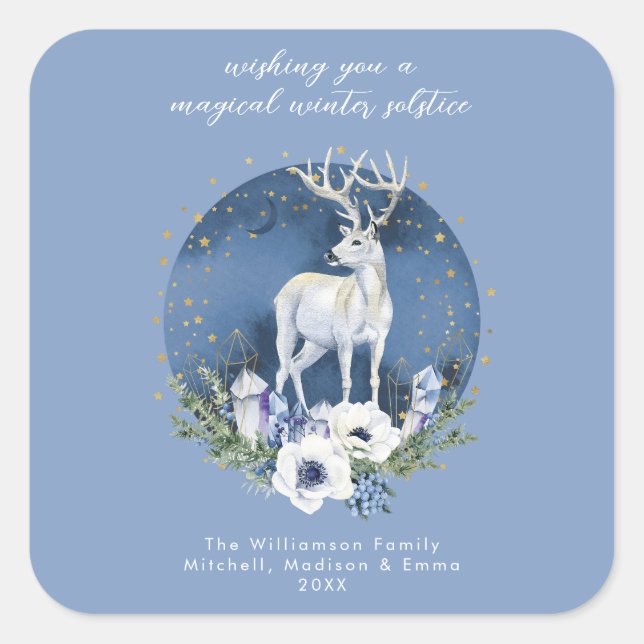 Winter Solstice Holiday Deer Blue White Christmas Quadratischer Aufkleber (Vorderseite)