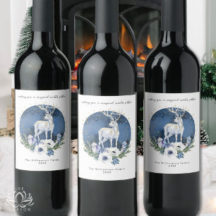 Winter Solstice Holiday Deer Blue White Christmas Weinetikett