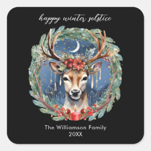Winter Solstice Holiday Hirschkranz Weihnachten We Quadratischer Aufkleber