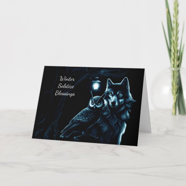 Winter Solstice Segen Weihnachten mit Owl und Wolf Karte (Vorderseite)