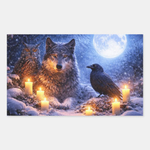 Winter-Sonnenwende Wolf Eule und Rabe Mystisch Rechteckiger Aufkleber