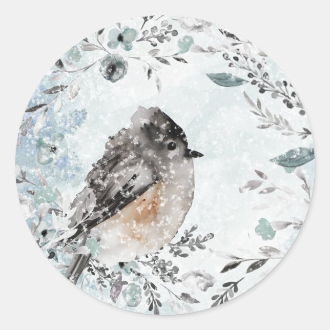 Winter Sparrow Dusty Blue Greenerity Wreath Runder Aufkleber (Vorderseite)